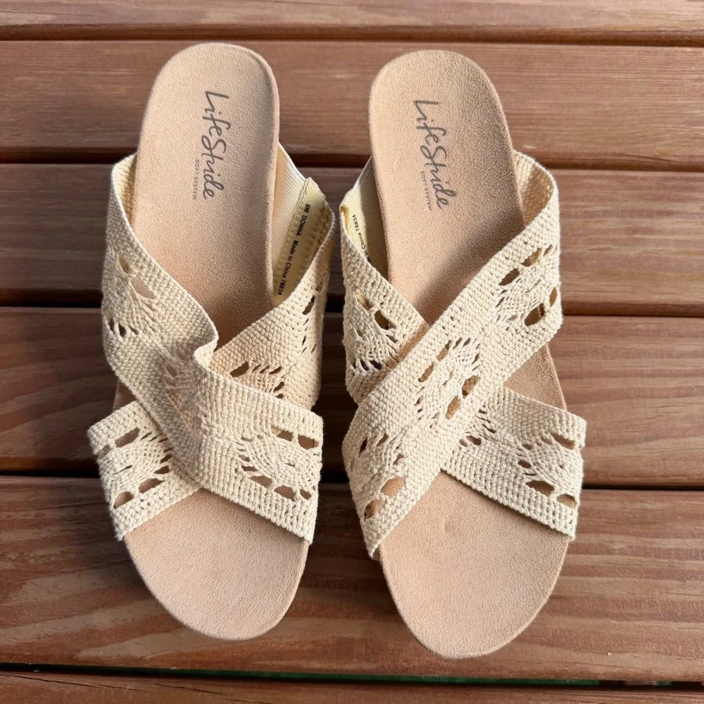 LifeStride Donna Womens Cream Crochet Cork Wedge Sandals Size 8M Soft System‎